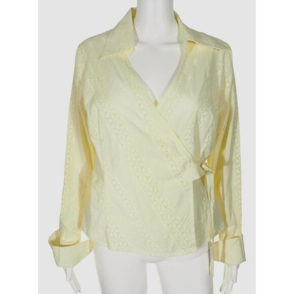 Swarri Wrap Top Womens Large Yellow Eyelet V Neck French Cuffed Cotton - Picture 1 of 9